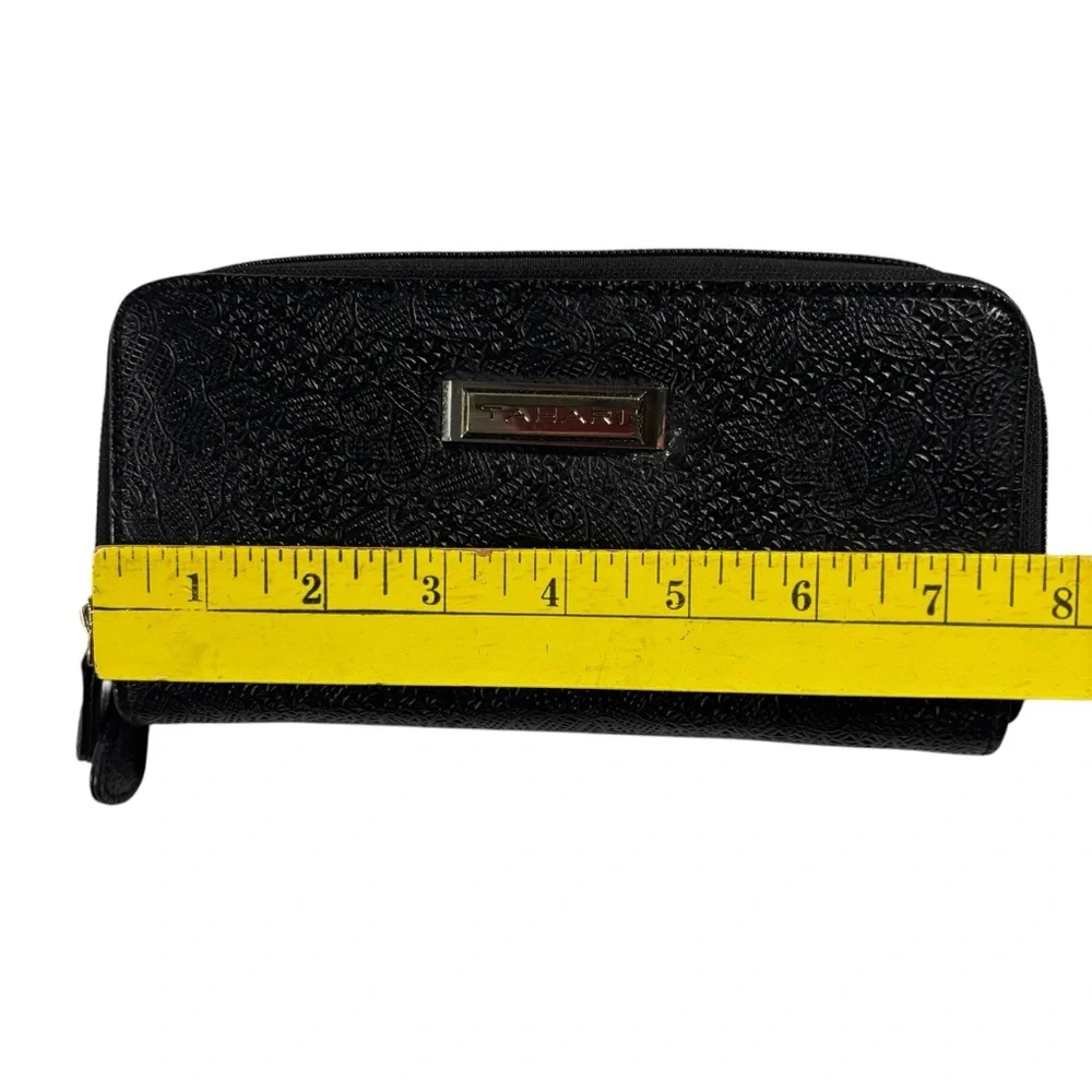 Tahari Black Floral Embossed Leather Double Zipper‎ Wallet 8x4”